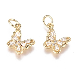 Golden Brass Micro Pave Cubic Zirconia Pendants, with Jump Ring, Long-Lasting Plated, Butterfly, Clear, Golden, 10x11x2mm, Hole: 1.8mm