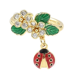 Красный Кольца-манжеты с божьей коровкой из латуни с микропаве из кубического циркония, с эмалью для женщин, без кадмия и без свинца, стойки покрытие, реальный 18 k позолоченный, красные, 2~23 мм, размер США 7 1/4 (17.5 мм)