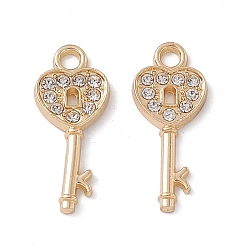 Golden Alloy Crystal Rhinestone Pendants, Heart Key Charm, Golden, 25x11x2mm, Hole: 2.5mm
