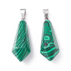 Malachite Synthetic Malachite Pointed Pendants, with Platinum Plated Brass Loops, Bullet, 35.3~38x13~14mm, Hole: 6.5x2.8mm