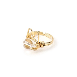 Quartz Crystal Natural Quartz Crystal Adjustable Ring, Cat Shape Golden Brass Wire Wraped Ring, Wide: 8mm