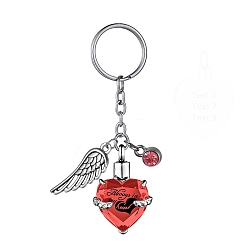 Red Stainless Steel Keychain, with Urn Ashes and Wing Pendant, Red, Pendant: 2.5x2.1cm