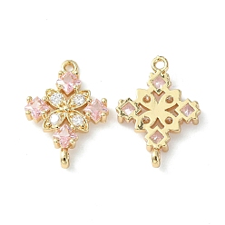 Pearl Pink Brass Pave Cubic Zirconia Connector Charms, Light Gold, Rhombus Links, Pearl Pink, 20x14x3mm, Hole: 1.2mm