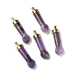 Аметист Подвески из натурального аметиста , с фурнитурой латунной золотого тона, форма кулака, 45x12x10 мм, отверстие : 4.5x7.5 мм