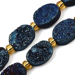 Морской Синий Гальванизированные натуральные druzy кварцевые бисерные пряди, с бисером, Плоско-овальные, Marine Blue, 14~14.5x10~10.5x4.5~7.5 мм, отверстие : 0.7 мм, около 11 шт / нитка, 7.17~7.48 дюйм (18.2~19 см)