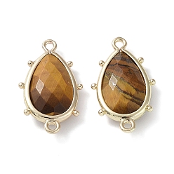 Tiger Eye Natural Tiger Eye Connector Charms, with Golden Plated Brass Edge Loops, Faceted, Teardrop, 24x14.5x5mm, Hole: 1.2mm & 1.4mm