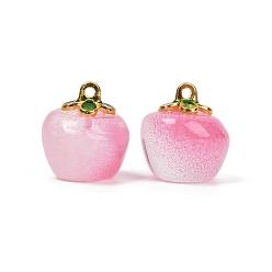 Ярко-Розовый Окрашенного распылением стеклянные подвески, с латунной эмалированной фурнитурой, яблоко, ярко-розовый, 15.5x13~14 мм, отверстие : 1.4 мм