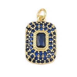 Blue Brass Micro Pave Cubic Zirconia Pendantss, Rectangle Charms, Rack Plating, Long-Lasting Plated, Lead Free & Cadmium Free, Real 18K Gold Plated, Blue, 17x10x4mm, Hole: 3.3mm
