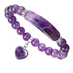Amethyst Natural Amethyst Curved Rectangle Stretch Braclets with Heart Charm, Inner Diameter: 2-3/8 inch(6cm)