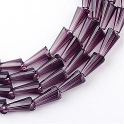 Purple Transparent Glass Bead Strands, Cone, Purple, 8x4mm, Hole: 1mm, about 65~68pcs/strand, 22 inch