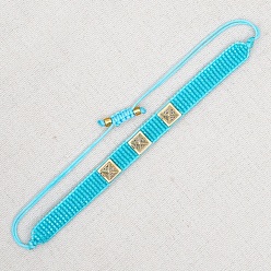 Cyan Miyuki Seed Braided Bead Bracelet, Adjustable Link Bracelet with Tirple Stud for Women, Cyan, 11 inch(28cm)