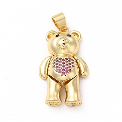 Deep Pink Rack Plating Brass Micro Pave Cubic Zirconia Pendants, Cadmium Free & Lead Free, Real 18K Gold Plated, Long-Lasting Plated, Mechanical Charm, Bear with Heart Charm, Deep Pink, 30x17x7mm, Hole: 3.5x4.5mm