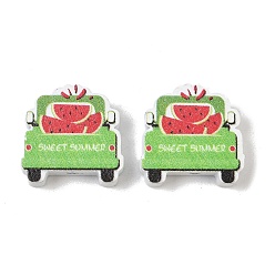 Green Printed Schima Wood Beads, Car with Watermelon, Spray Paint, Green, 19.5x20x6mm, Hole: 2mm
