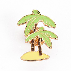 Lime Alloy Enamel Brooches, Enamel Pins, with Brass Butterfly Clutches, Coconut Tree, Cadmium Free & Nickel Free & Lead Free, Light Gold, Lime, 30x22mm, Pin: 1mm