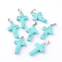 Synthetic Turquoise Synthetic Turquoise Pendants, Dyed, with Brass Pinch Bails, Platinum Plated, Cross, 23.5~28x15~18x4mm, Hole: 3x6mm