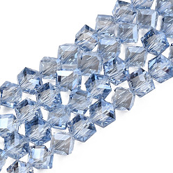 Cornflower Blue Electroplate Transparent Glass Beads Strands, , Faceted, Diagonal Cube Beads, Cornflower Blue, 8.5x9.5x9.5mm, Hole: 1.5mm, about 80pcs/strand, 25.98 inch(66cm)