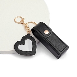Black PU Leather Lipstick Storage Bags, Portable Lip Balm Organizer Holder for Women Ladies, with Light Gold Tone Alloy Keychain and Mirror, Heart, Black, 9x2.5cm
