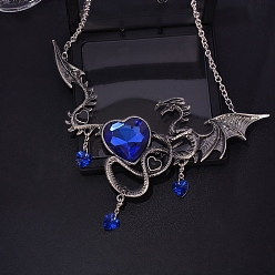 Blue Halloween Themed Dragon with Heart Glass Pendant Necklace, Alloy Jewelry for Women, Blue, 20.47 inch(52cm)