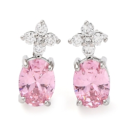 Бледно-Розовый Латунные серьги-гвоздики с цветком и овалом из кубического циркония для женщин, платина, розовый жемчуг, 15x7 мм