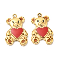 Real 14K Gold Plated 304 Stainless Steel Enamel Pendants, Bear with Heart Charm, Real 14K Gold Plated, 18x12x2.5mm, Hole: 1.5mm