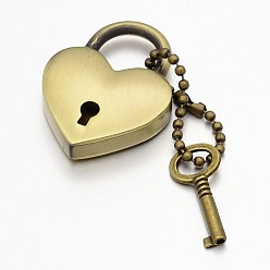 Antique Bronze Heart Lock & Key Zinc Alloy Key Clasps, with Iron Ball Chain and Findings, Antique Bronze, 65mm