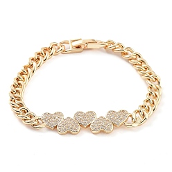 Heart Cubic Zirconia Link Bracelet with Golden Brass Curb Chains, Long-Lasting Plated, Heart, 7-1/2 inch(19cm)