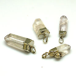 Platinum Natural Quartz Crystal Pointed Pendants, Rock Crystal, with Brass Findings, Faceted, Bullet, Clear, Platinum, 38~55x10~17mm, Hole: 7x5mm