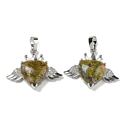 Унакит Натуральный унакит с подвесками из прозрачного кубического циркония, Подвески в форме сердца и крыльев с фурнитурой из латуни с металлическим покрытием, платина, без кадмия и без свинца, 25x31.5x8.5~9 мм, отверстие : 7.9x5 мм