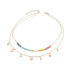 Golden Brass Star Charms Double Layer Necklace with Colorful Glass Beaded for Women, Golden, 15.75 inch(40cm)