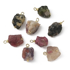 Golden Raw Rough Natural Multicolor Tourmaline Pendants, with Brass Loops, Nuggets Charms, Golden, 20~25x14~18x9~14mm, Hole: 3mm