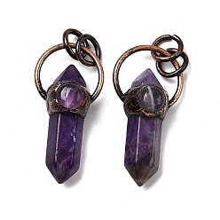 Аметист Подвески из натурального аметиста , подвески-пули с двумя концами в форме заостренных граней и латунными соединительными кольцами, без кадмия и без свинца, Красная медь, 37.5~38.5x19x12~13 мм, отверстие : 6 мм