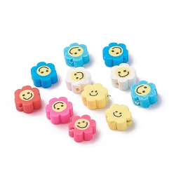 Mixed Color Handmade Polymer Clay Beads, Flower with Smile Face, Mixed Color, 9.5~10x4.5mm, Hole: 1.2mm