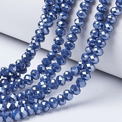 Steel Blue Electroplate Glass Beads Strands, Pearl Luster Plated, Faceted, Rondelle, Steel Blue, 6x5mm, Hole: 1mm, about 85~88pcs/strand, 16.1~16.5 inch(41~42cm)