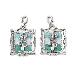Платина Подвески из латунного стекла разного цвета, Прямоугольник с цветком, с имитацией жемчуга из АБС, эмалью и петлей, платина, 33.5x26.5x7.5 мм, отверстие : 5.5x5 мм