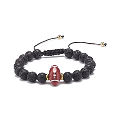 Human Natural Lava Rock & Acrylic Braided Bead Bracelet, Essential Oil Gemstone Jewelry for Men Women, Player Pattern, Inner Diameter: 2-1/8~3-5/8 inch(5.5~9.3cm)