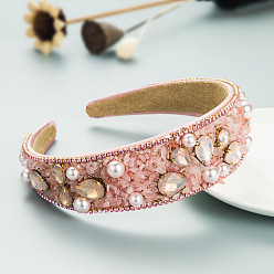 Pink Colorful Gemstone Wide Headband with Rhinestones and Fabric, Chic Candy-colored Hair Accessories