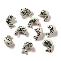 Green Handmade Printed Porcelain Beads, Famille Rose Porcelain, Fish, Green, 14~15x20~20.5x10~10.5mm, Hole: 1.8~2mm