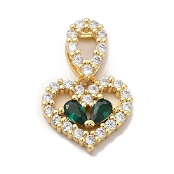 Green Rack Plating Brass Micro Pave Cubic Zirconia Charms, Long-Lasting Plated, Cadmium Free & Lead Free, Real 18K Gold Plated, Heart, Green, 14x15x3.5mm, Hole: 5.5x3mm