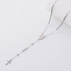 Silver Vintage 304 Stainless Steel Round Rosary Bead Necklaces, Religion Cross Virgin Pendant Necklaces for Women, Silver, 20.87 inch(53cm)