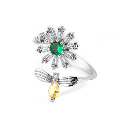 Emerald Adjustable Opening Brass Rhinestone Ring, Cuff Rings, Rotating Ring, Flower with Bees for Women, Green, 12mm