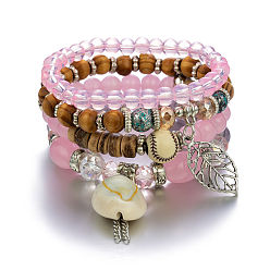 Pink B0020-18 Bohemian Beach Shell Tassel Multi-layer Bracelet Set for Women with Wood Beads, Crystals and Coconut Shells