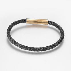 Doré  Tressés bracelets cordon en cuir pour hommes, avec 304 fermoirs inox , noir, or, 7-7/8 pouces (200 mm), 5mm