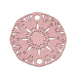 Pink 430 Stainless Steel Connector Charms, Etched Metal Embellishments, Flat Round with Flower Links, Pink, 18.5x0.5mm, Hole: 1.8mm