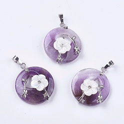 Amethyst Natural Amethyst Pendants, with Shell, Rhinestone and Platinum Tone Brass Findings, Flat Round with Flower, 35.5~36x28x8mm, Hole: 5x8mm
