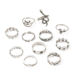 Antique Silver Zinc Alloy Finger Ring Sets, Hollow, Flower & Leaf & Snake & Rose & Star & Wave, Antique Silver, 1~15.5mm, Inner Diameter: 16.7~18.1mm, 11pcs/set