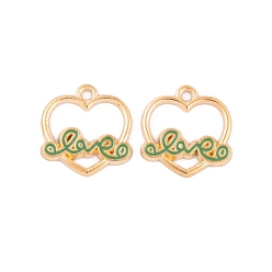 Зеленый Подвески из эмалевого сплава с покрытием из легкого золота, без кадмия и без свинца, сердце со словом любовь прелести, зелёные, 16x15.5x1.5 мм, отверстие : 2 мм