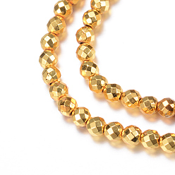 Golden Plated Electroplate Non-magnetic Synthetic Hematite Bead Strands, Round, Faceted, Golden Plated, 8mm, Hole: 1mm, about 50pcs/strand, 15.7 inch