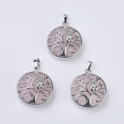 Rose Quartz Natural Rose Quartz Pendants, with Brass Findings, Flat Round with Tree of Life, Platinum, 31~32x27x8~9mm, Hole: 5x7mm