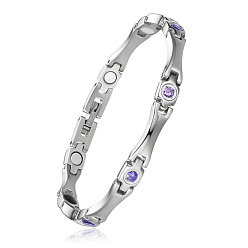 Tanzanite SHEGRACE Stainless Steel Panther Chain Watch Band Bracelets, with Rhinestone and Watch Band Clasps, Stainless Steel Color, Tanzanite, 7-1/2 inch(19cm)