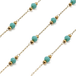 Light Sea Green Rondelle Glass Beaded Link Chains, with Golden 304 Stainless Steel Paperclip Chains, Soldered, with Spool, Light Sea Green, 3x2.5mm, 2mm, about 32.81 Feet(10m)/Roll